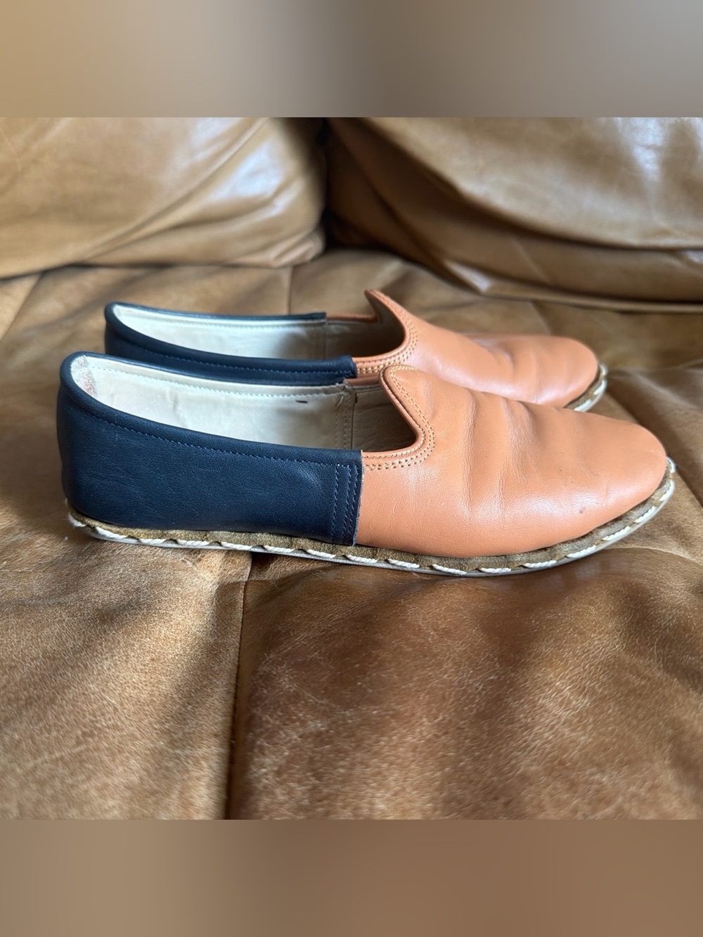 Sabah Two-Tone Leather Slip-On Flats in Tan and Navy